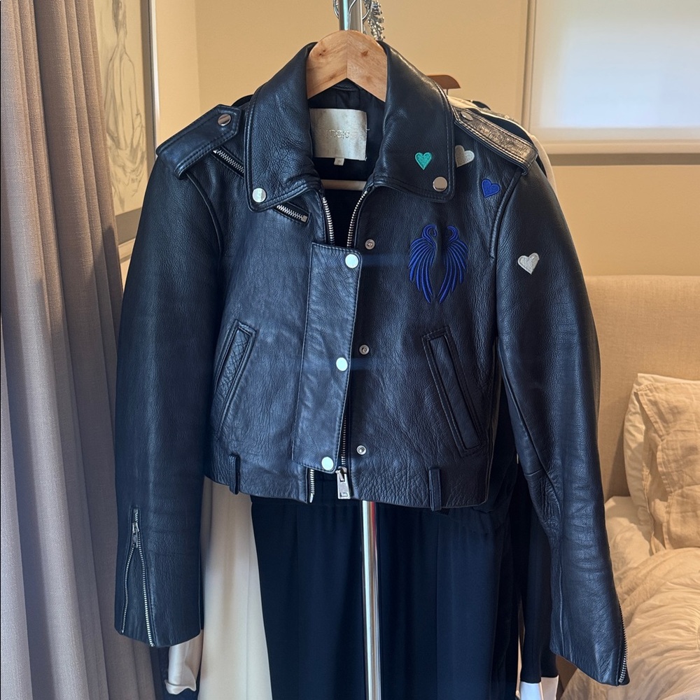 Maje Black Leather Crop Jacket w embroidery